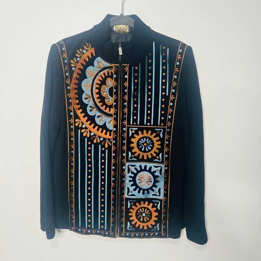 Bob Mackie Wearable Art Black Leather Jacket Embroidered Sz M